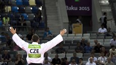 Český judista Lukáš Krpálek oslavuje postup do finále Evropských her v Baku.