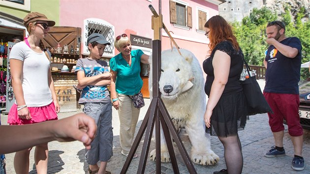 Ropn ploina i ledn medvd na behu Vltavy. Aktivist z hnut Greenpeace protestovali v centru eskho Krumlova proti tb ropy v Arktid.