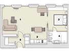 Pdorys: 1/ obývací pokoj, 2/ kuchy, 3/ lonice, 4/ koupelna + WC, 5/ chodba
