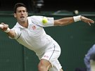 Novak Djokovi zahrává return ve finále Wimbledonu.