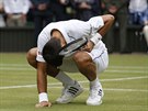 Novak Djokovi se dotýká trávy na centrálním kurtu ve Wimbledonu
