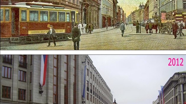 Pohled do ulice Na Pkop od domu U Hybern. Tramvajov tra vedla do Hybernsk ulice. Zruen tra byla vedena v trase historicky prvn prask kosk tramvaje. Zanala na kiovatce ulic Nrodn a Splen.