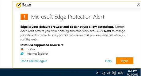 Varování Nortonu ped prohlíeem Edge.