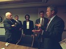 U.S. President George Bush is pictured with U.S. Vice President Dick Cheney and...