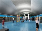 Vizualizace eení interiéru stanice metra Nové Dvory na trase D (koncepce...