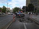 Havárie vodovodního potrubí ve Francouzské ulici na Vinohradech.