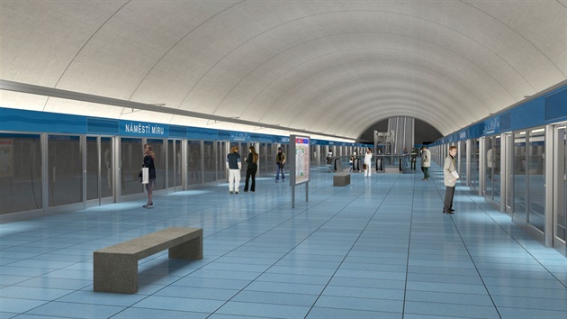 Vizualizace interiéru stanice metra Náměstí Míru na trase D, koncepce řešení dokumentace pro územní rozhodnutí 12/2011.