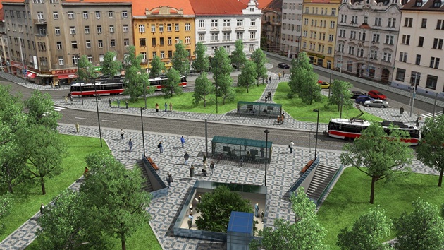 Vizualizace řešení exteriéru stanice metra Náměstí bratří Synků na trase D (koncepce řešení dokumentace pro územní rozhodnutí 12/2011).