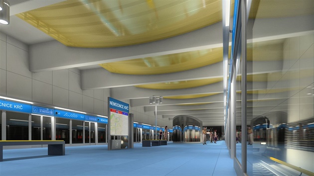 Vizualizace řešení interiéru stanice metra Nemocnice Krč na trase D (datum zpracování neuvedeno).