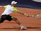 Ital Andreas Seppi vybírá tký míek z rakety Rafaela Nadala. Semifinále v...