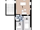 Pdorys byt: 1  kuchy, obývací pokoj, 2  chodbika, 3  koupelna, WC, 4 ...