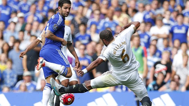 Kapitn Swansea Ashley Williams v souboji s domcm zlonkem Cescem Fabregasem.