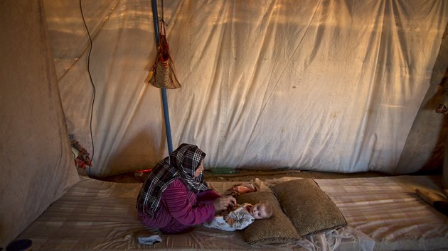 Syrsk uprchlice Naela Mohammedov pevlk svou tymsn dceru ve stanu na pedmst jordnskho msta Mafrak. (21. ervence 2015)