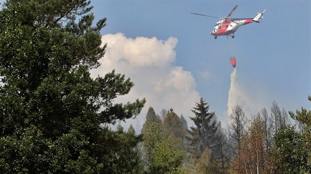 Rozshl por lesa u Dobva na Rokycansku likviduj hasii z Plzeskho a Stedoeskho kraje, pomh jim i vrtulnk s vodnm vakem. (7. srpna 2015)