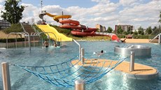 Pohled na bazén a atrakce venkovního akvaparku v Prostjov