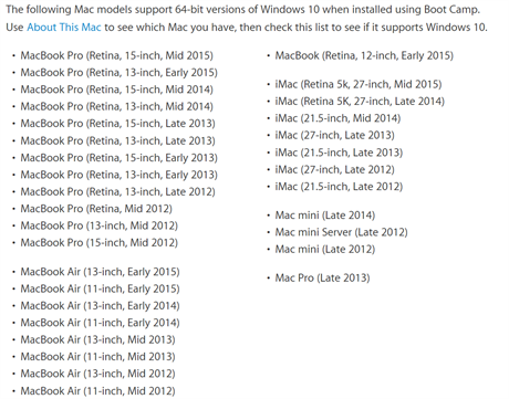Verze poíta Apple podporující instalaci Windows 10 pes Boot Camp.