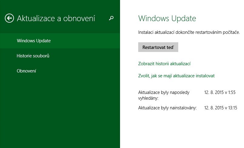 Nainstalované aktualizace vy�adují restart PC