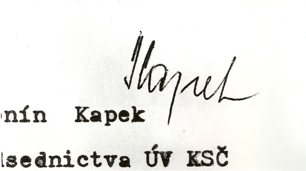 Prokazatelně pravý podpis Kapka z jedné písemnosti, která posloužila jako srovnávací ukázka písma – ze znaleckého posudku Kriminalistického ústavu.