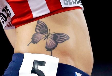A tattoo is seen on the side of Czech Republic's Denisa Rosolova before the...