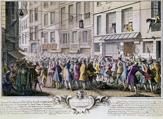 Paíská ulice Quincampoix v roce 1720 plná rozílených lidí, kteí kvli experimentu Johna Lawa pili o peníze. Ilustraní snímek
