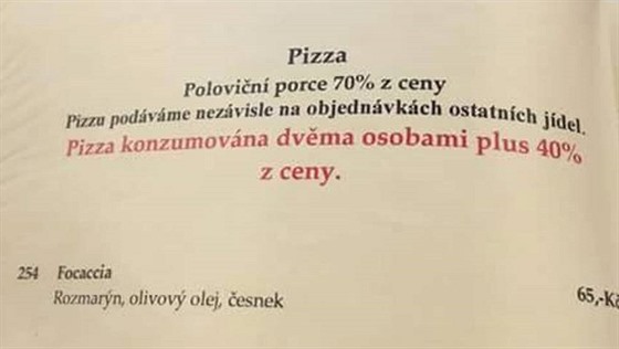 Pizzerie měla v jídelním lístku přirážku za konzumaci jedné pizzy dvěma osobami.