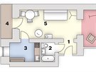 Pdorys: 1. pedsí, 2. koupelna s WC, 3. kuchy, 4. terasa, 5. obývací pokoj,...