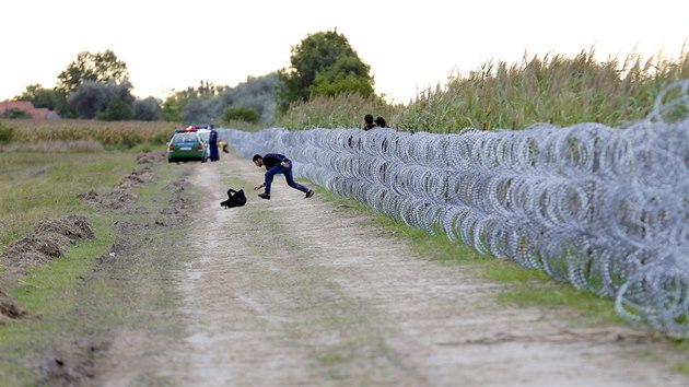 Uprchlíci překonávají čerstvě zbudovaný plot na hranicích Maďarska a Srbska (25. srpna 2015)