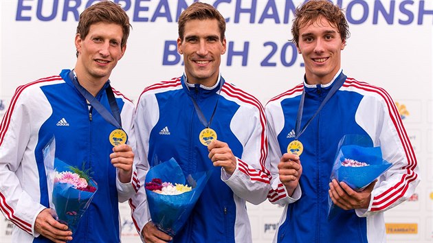 Tým českých moderních pětibojařů ve složení (zleva) Ondřej Polívka, David Svoboda a Jan Kuf obsadil na mistrovství Evropy v Bathu třetí místo.