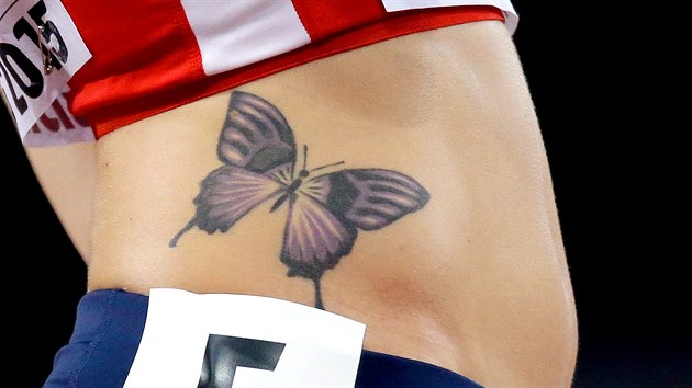 A tattoo is seen on the side of Czech Republic's Denisa Rosolova
before the start of a womens 400m hurdles semifinal at the World
Athletics Championships at the Bird's Nest stadium in Beijing, Monday,
Aug. 24, 2015