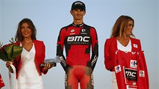 Slovenský cyklista Peter Velits v �erveném trikotu pro vedoucího jezdce Vuelty....