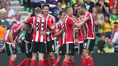 JE TO TAM. Fotbalisté Southamptonu slaví branku, kterou v souboji s Norwichem...