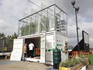 Akvaponické pstování rostlin a chov ryb v kontejneru na stee v Londýn