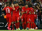 Turetí fotbalisté se radují z gólu proti Nizozemsku.