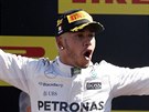 Lewis Hamilton z týmu Mercedes se raduje z triumfu ve Velké cen Itálie.