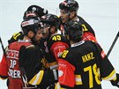 Litvínovští hokejisté se radují z gólu Filipa Pavlíka v zápase s Espoo.