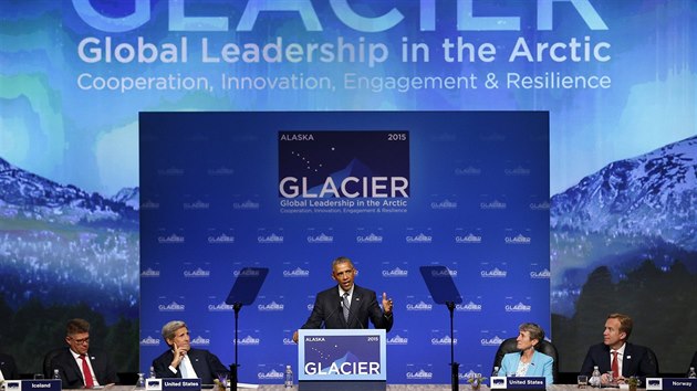 Barrack Obama na konferenci v Anchorage na Aljace (31. 8. 2015)