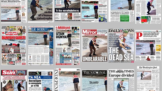 Čtvrteční titulní strany světových deníků s fotografií utopeného mladého uprchlíka.