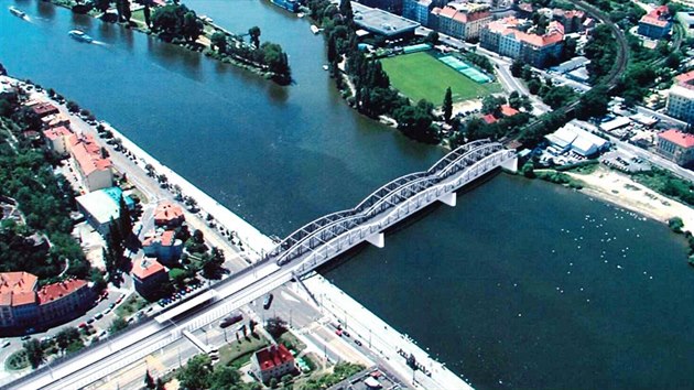 Vizualizace možné budoucí podoby rozšířeného mostu ze Smíchova na Výtoň.