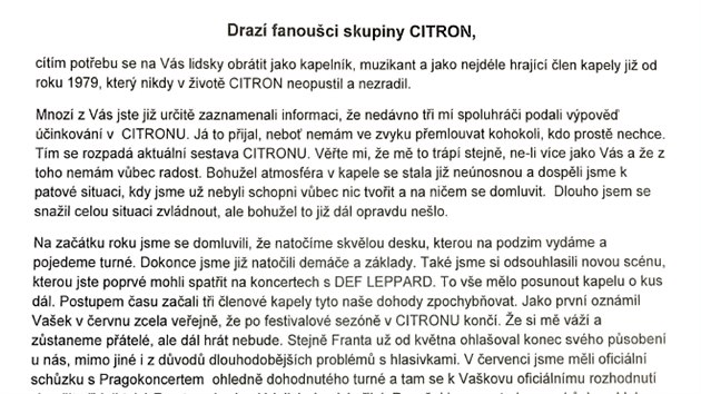 Vyjádření Radima Pařízka k současné situaci ve skupině Citron.