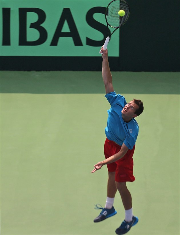 SERVIS. Adam Pavlásek v bará�i Davis Cupu v Indii.