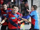 Fotbalisté Plzn se radují ze vsteleného gólu do sít Dinama Minsk. Jeho...