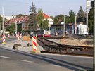 Oprava tramvajové trati na Petinách.