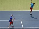 eský pár Radek tpánek (vlevo), Adam Pavlásek v barái Davis Cupu v Dillí.
