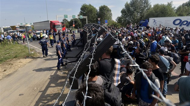 Uprchlci se tla na hranin plot mezi Srbskem a Maarskem. (15. z 2015)