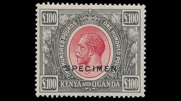 Investičně zajímavé známky. Uganda 100 Liber Specimen, 1922, cena 120 000 Kč.