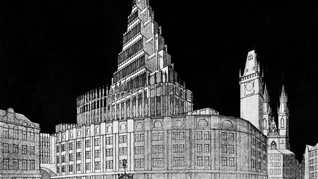 Staromstsk radnice v Praze. Jednu z prvnch vkovch budov navrhl u v roce 1909 Josef Gor. Studie, kter by zastnila historick budovy, okuje dodnes.