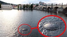 Poklop obřího rezervoáru vody na Vltavě u Novotného lávky u Karlova Mostu