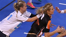 Mostecká házenká�ka Michaela Borovská (v �erném) se sna�í projít mezi hrá�kami...