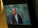 Barack Obama bhem svého projevu na Valném shromádní OSN (28. záí 2015).