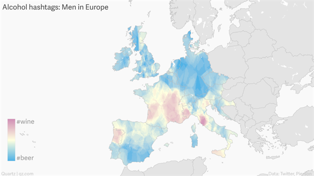 Kde se v Evrop pije vno a kde pivo podle Twitteru (pouze mui).